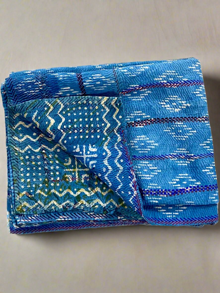 Hand Block Printed Indigo Vintage Kantha Quilt - Rarest Find