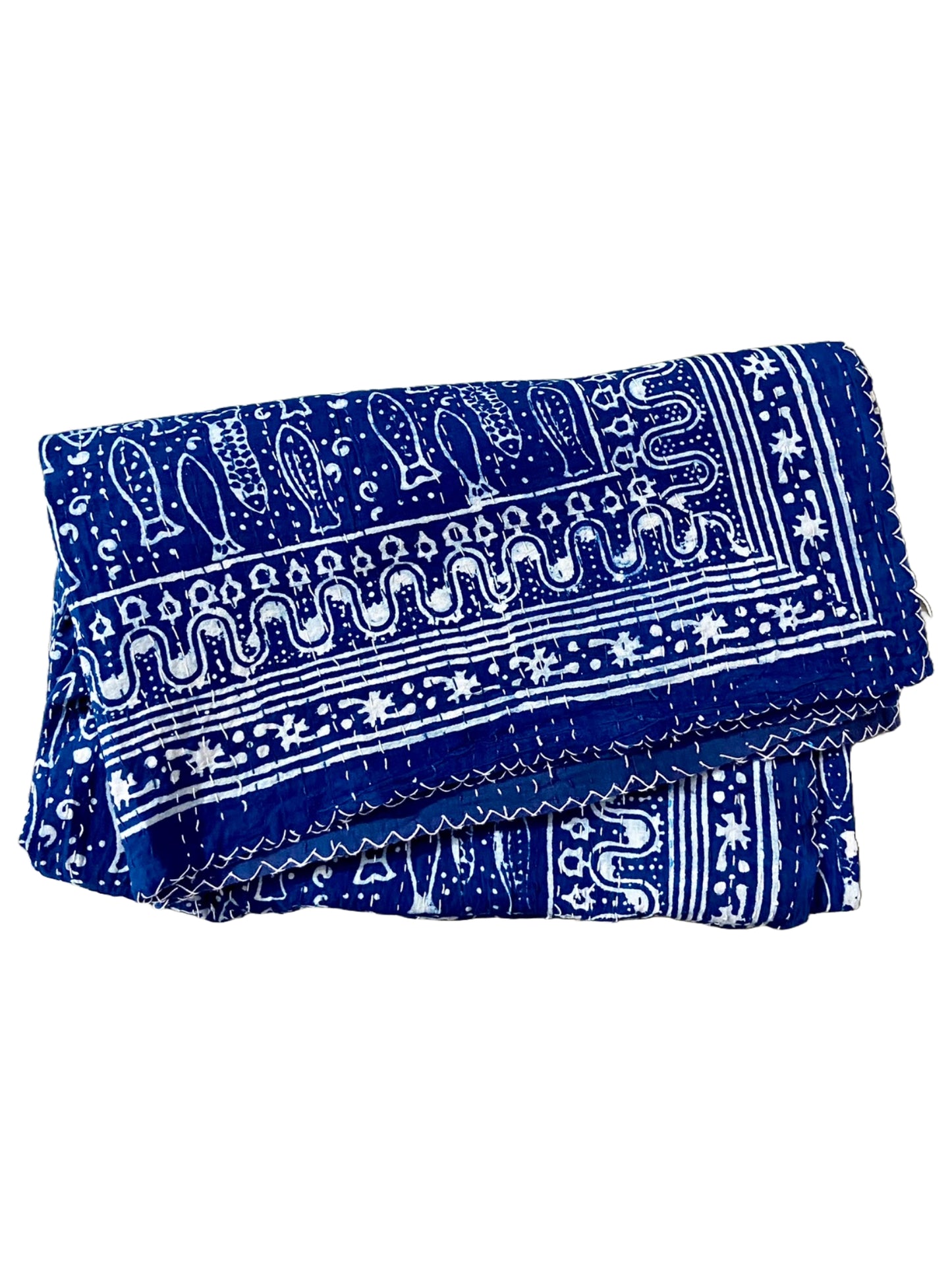 Queen Kantha Quilt Indigo Fish Prints