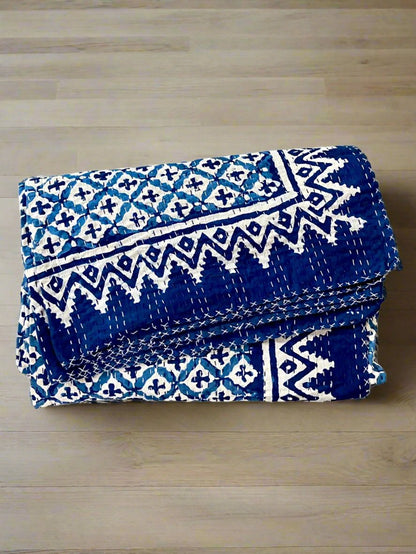 Hand Block Printed Cotton Indigo Queen Kantha Bedspread