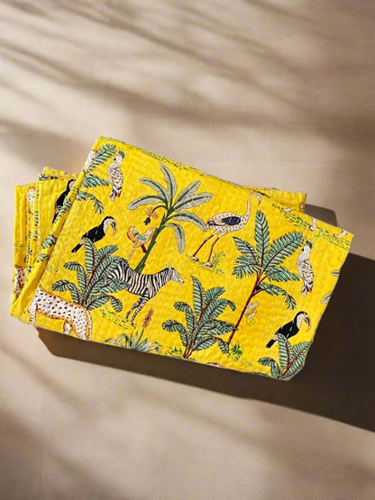 Cheetah Jungle Animal Kantha Quilt Yellow