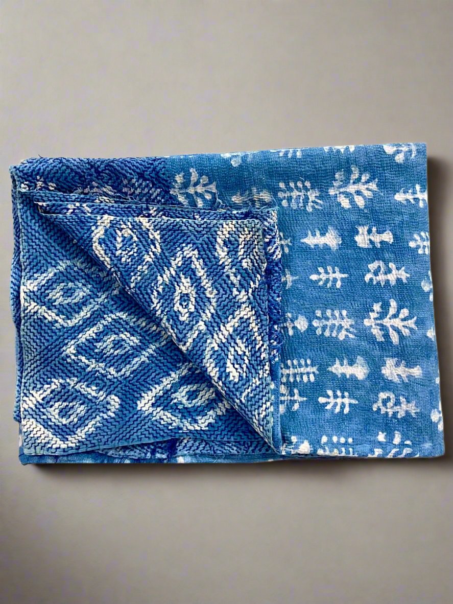 Indigo Dyed & Block Printed Rare Vintage Cotton Kantha Quilt