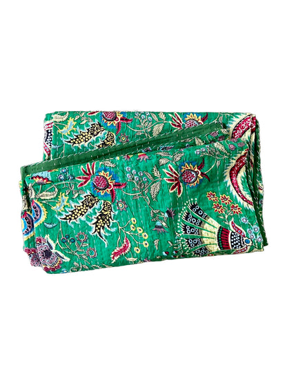 Wildflower Green Cotton Handmade Kantha Bedspread