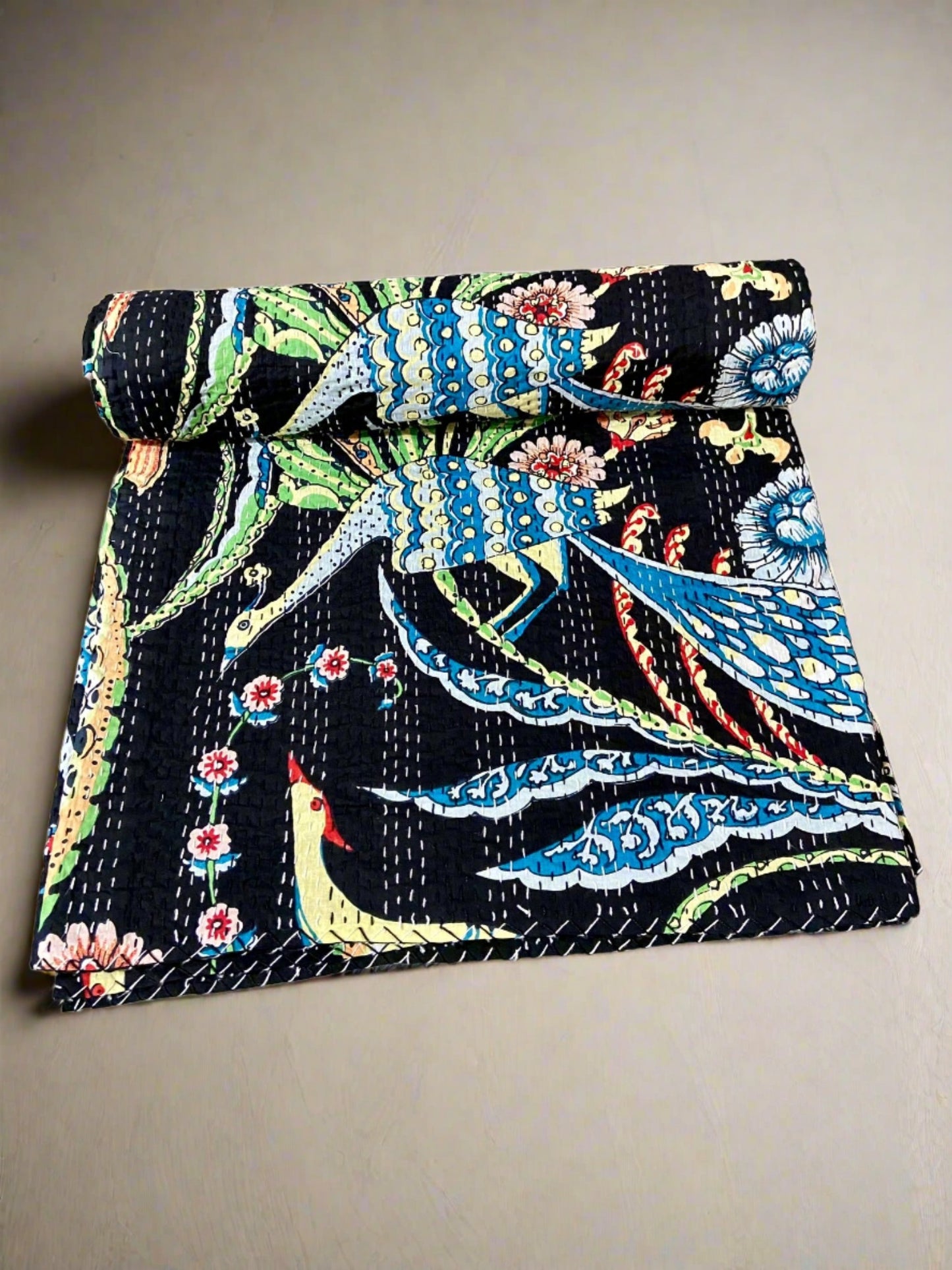 Indian Handmade Kantha Quilt - Black Peacock