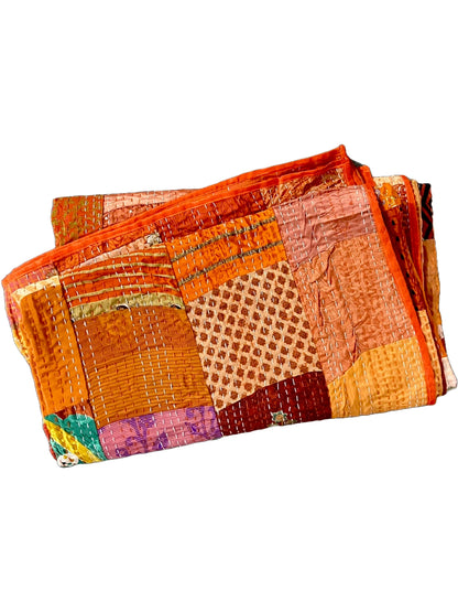 Vintage Silk Patchwork Kantha Quilt - Orange