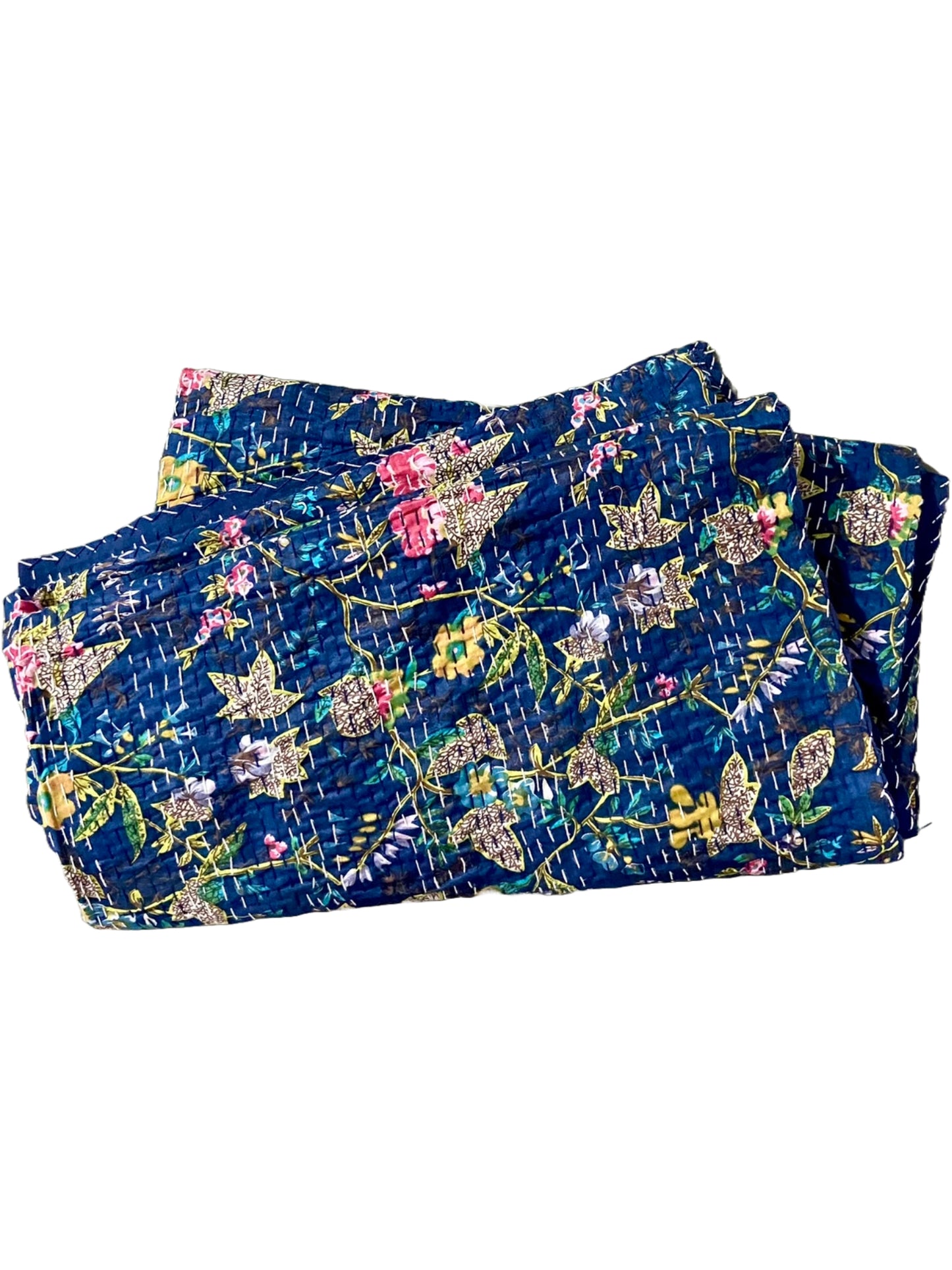 Navy Blue Paradise Floral Cotton Handmade Kantha Quilt