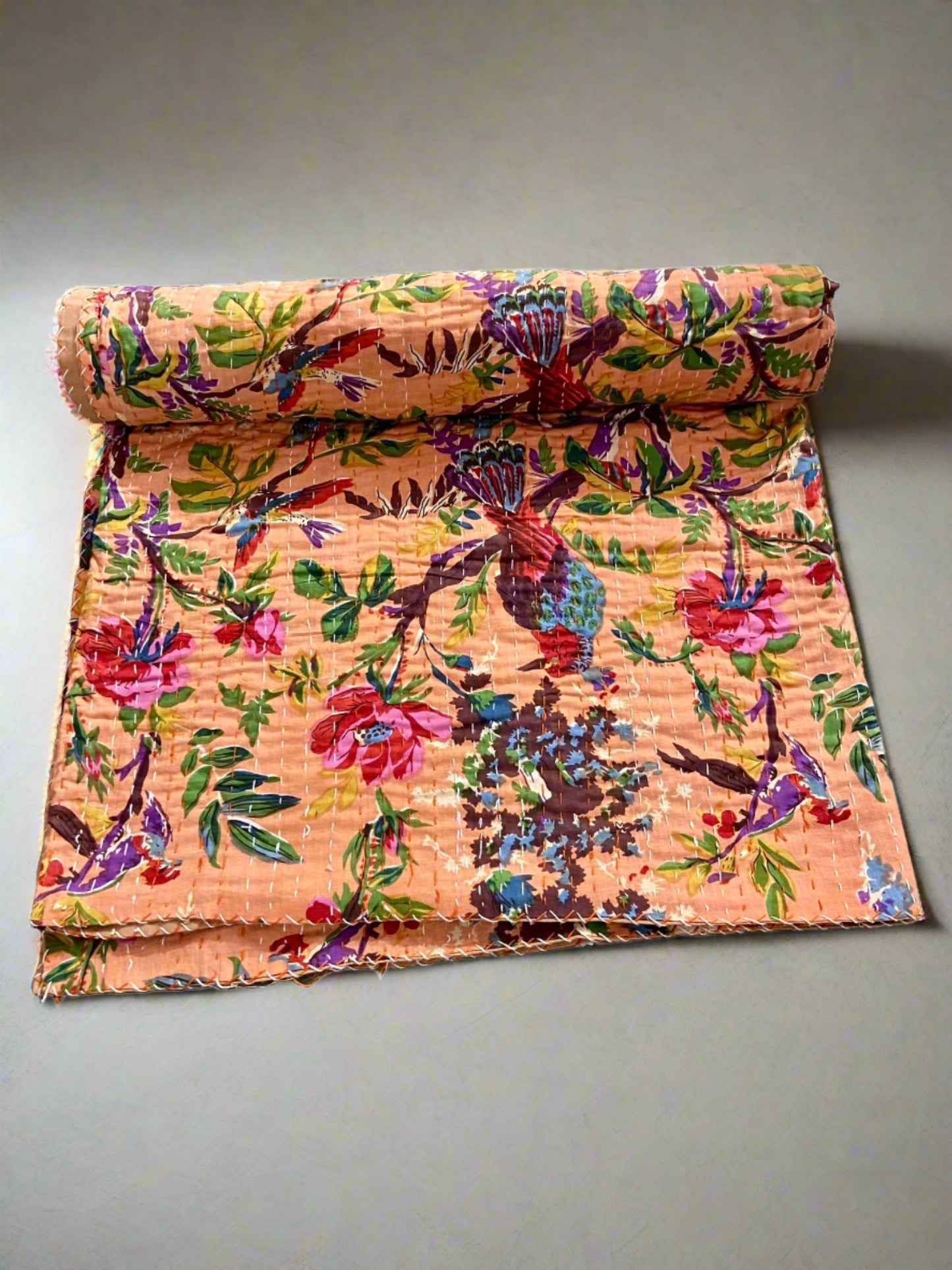 Birds & Flowers Peach Kantha Quilt