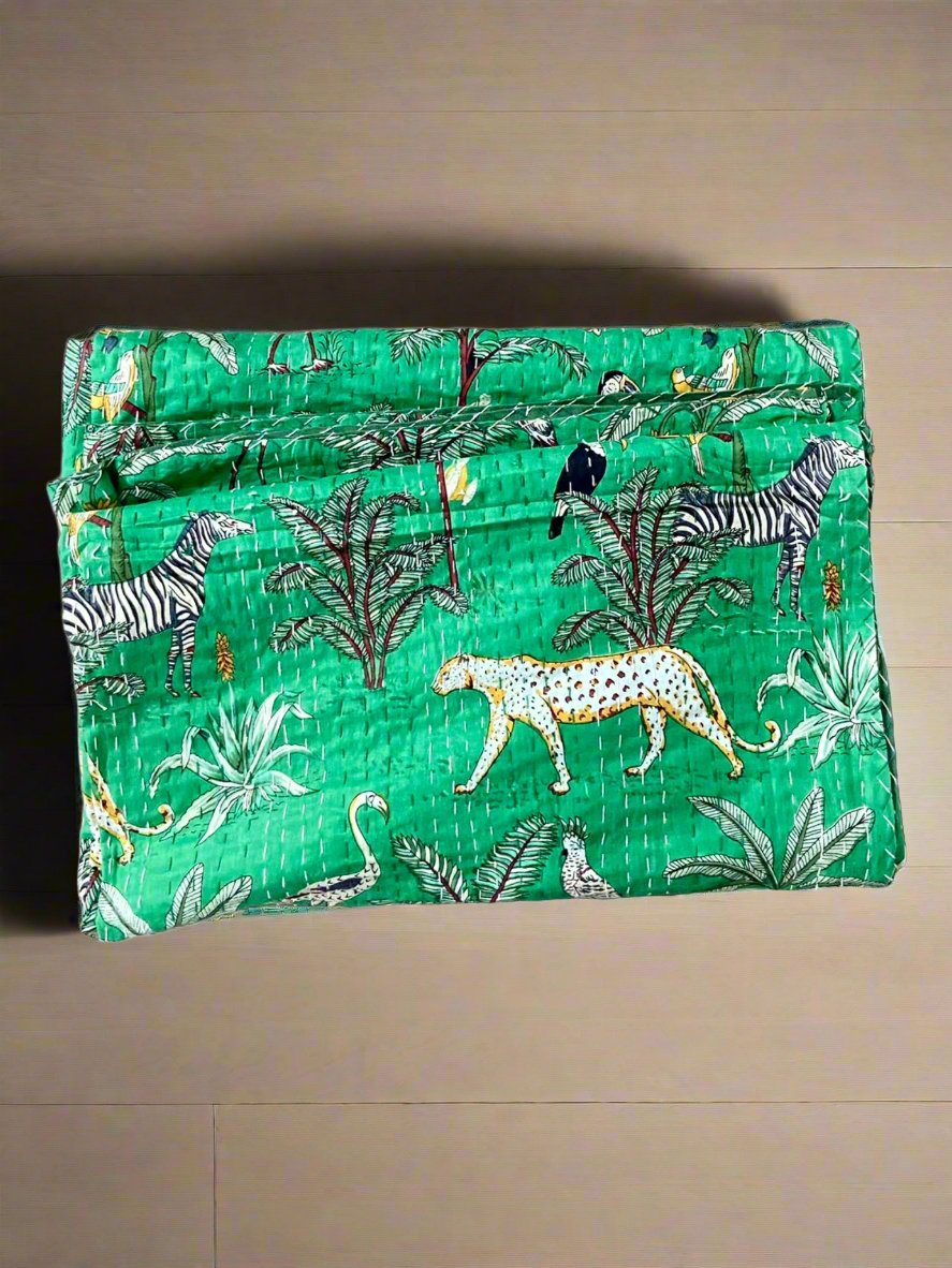 Green Jungle Safari Animal Kantha Quilt Handmade Indian Kantha Bedspread Throw