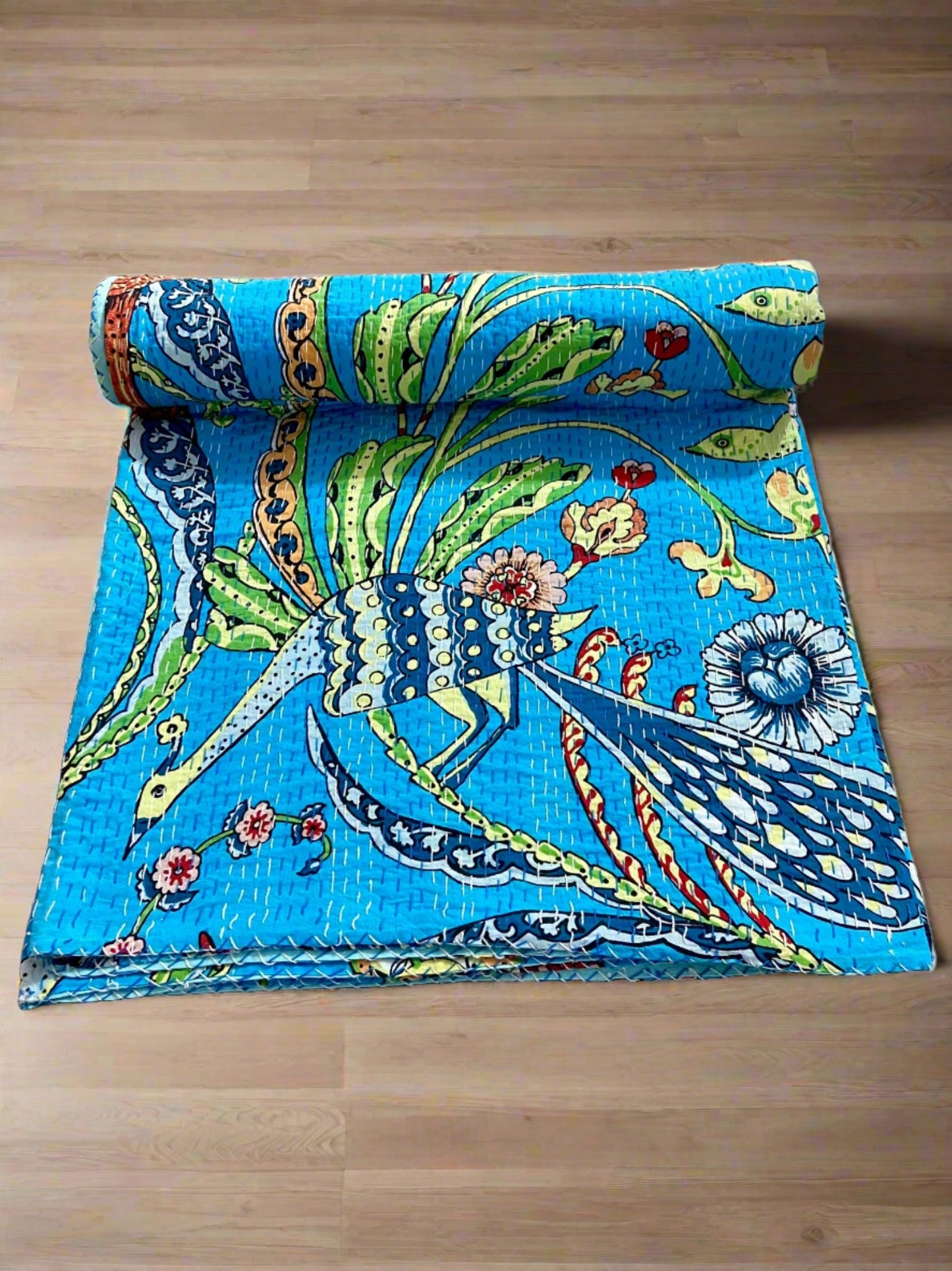 Kantha Quilt - Turquoise Peacock