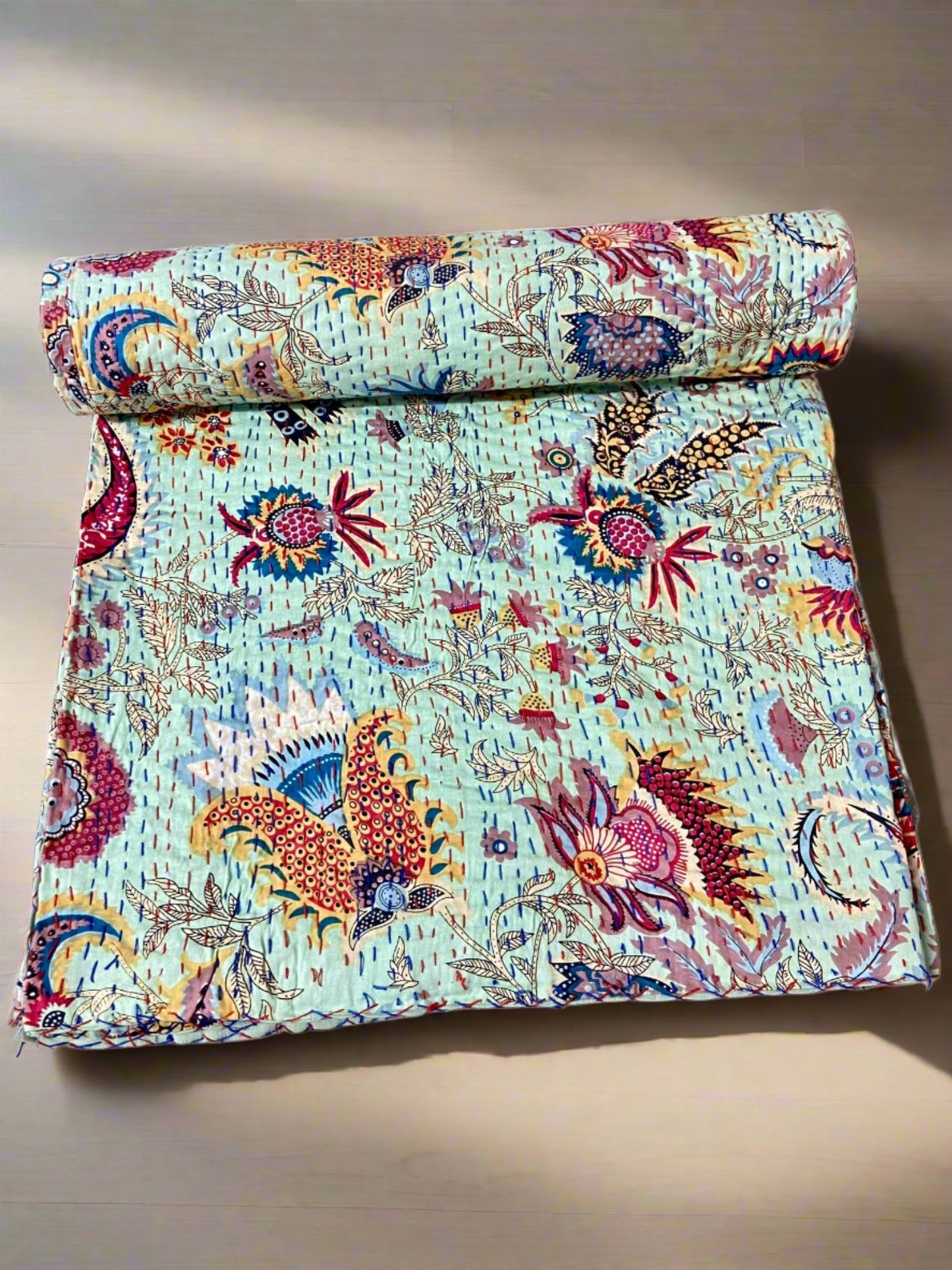 Pistachio Green Wildflower Kantha Quilt