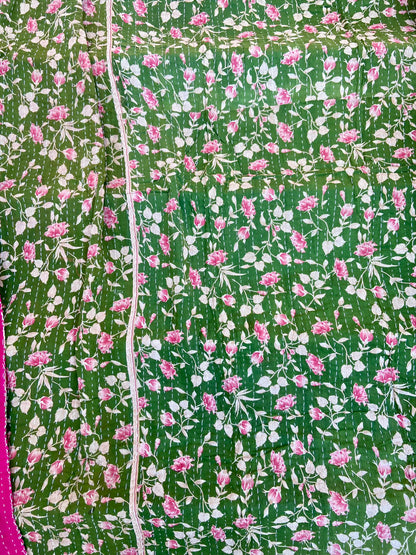 Handmade Vintage Cotton Green Kantha Quilts