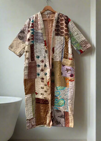 Kantha Robe Vintage Silk Patchwork Beige Kantha Kimono