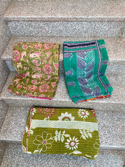 Handmade Vintage Cotton Green Kantha Quilts