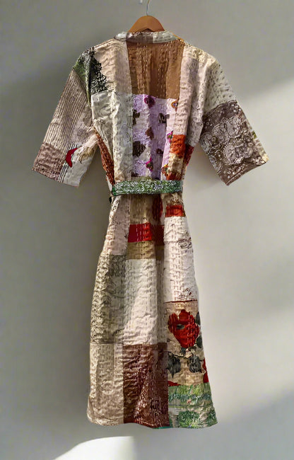 Kantha Robe Vintage Silk Patchwork Beige Kantha Kimono