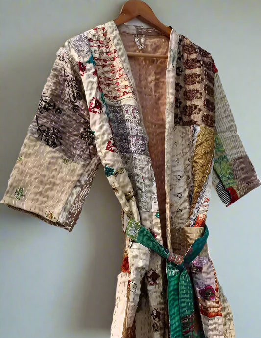 Kantha Robe Vintage Silk Patchwork Beige Kantha Kimono