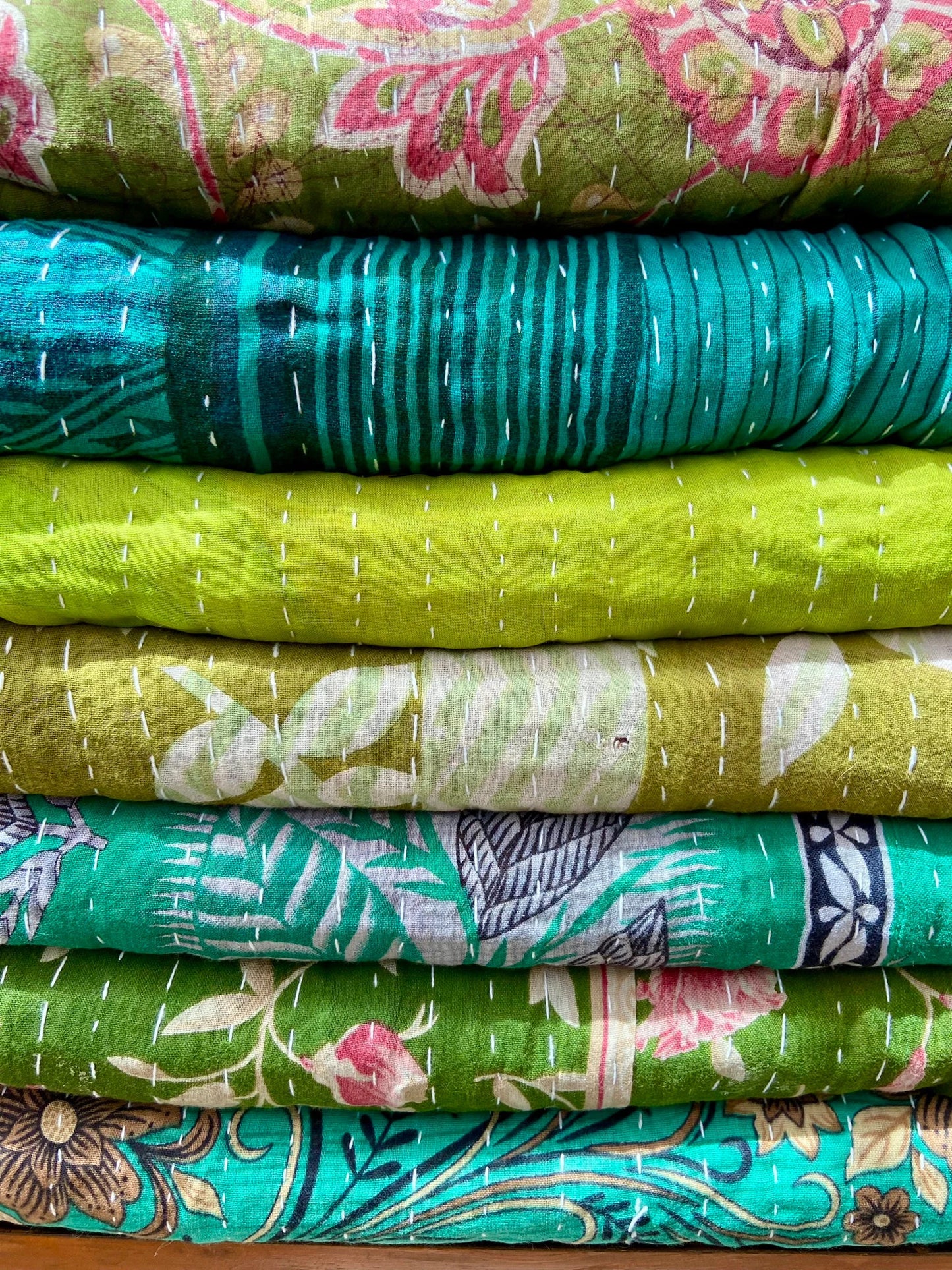 Handmade Vintage Cotton Green Kantha Quilts