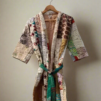 Kantha Robe Vintage Silk Patchwork Beige Kantha Kimono