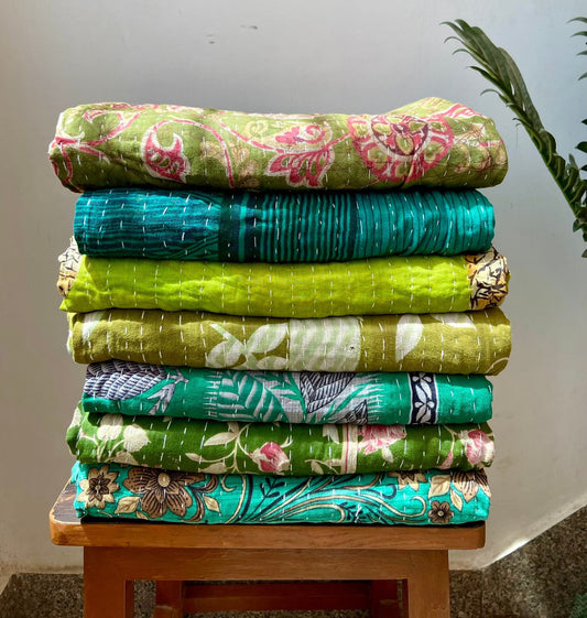 Handmade Vintage Cotton Green Kantha Quilts