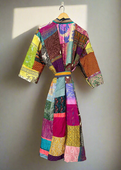 Silk Patchwork Robe Indian Vintage Boho Sari Kimono
