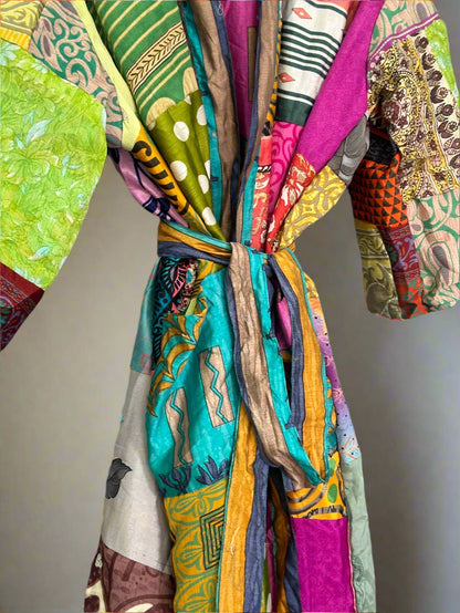 Silk Patchwork Robe Indian Vintage Boho Sari Kimono