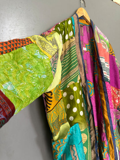 Silk Patchwork Robe Indian Vintage Boho Sari Kimono
