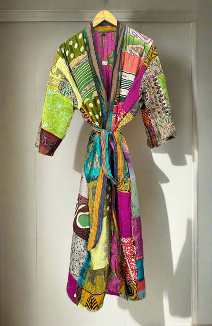 Silk Patchwork Robe Indian Vintage Boho Sari Kimono